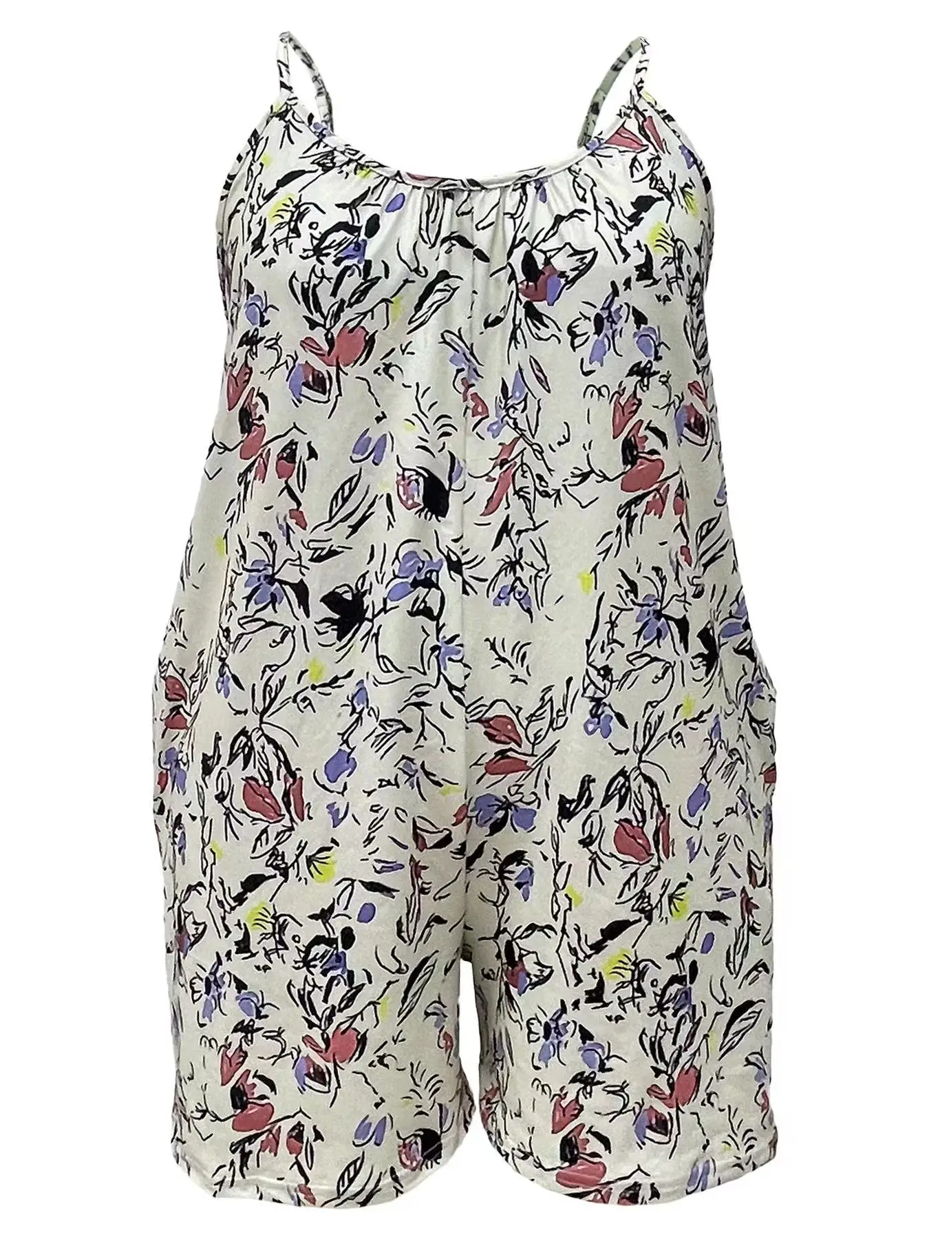 Cami-Strampler-Overall in Übergröße mit Allover-Print, lässiger, gerüschter, ärmelloser Strampler-Overall mit Tasche, Damen-Kleidung in Übergröße