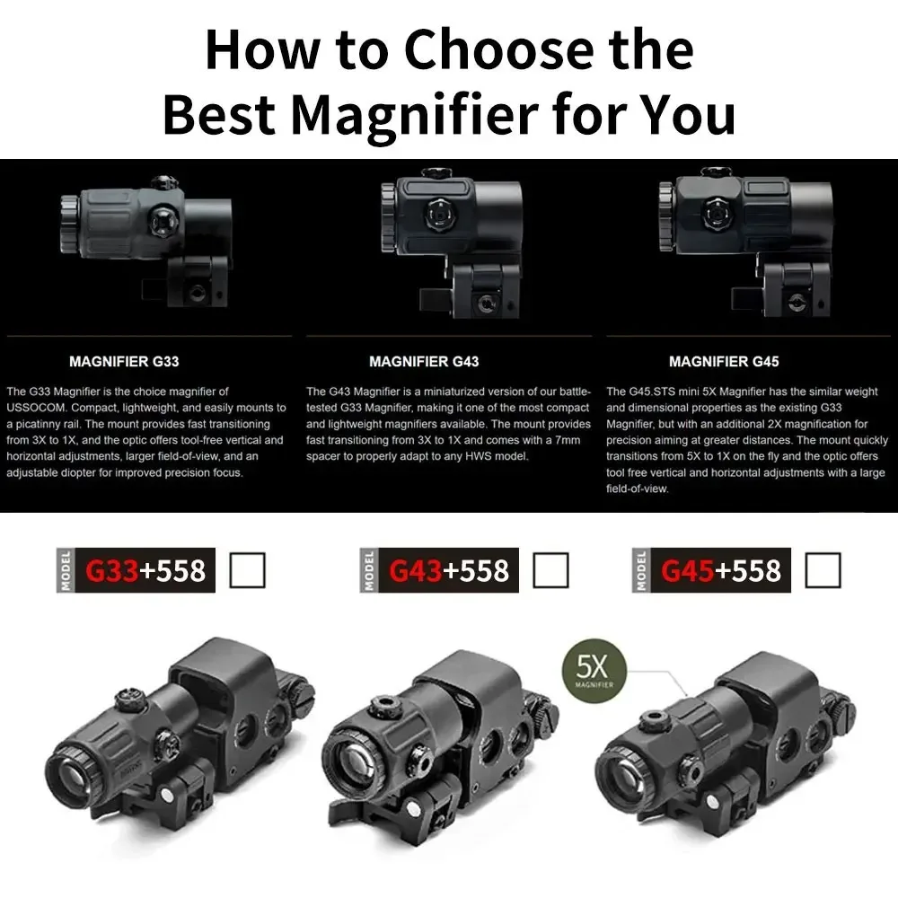 Mira reflexiva holográfica 558 + G33 Red Dot Optic Sight com combinação de lupa G33 3X com montagem QD flip integrada