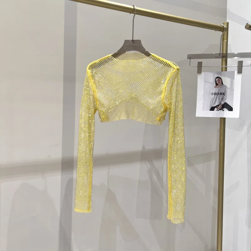2023 新しいセクシーな明るいダイヤモンドショートトップスリム薄いさんホットドリル長袖 Tシャツセクシーなリークウエストナイトクラブ