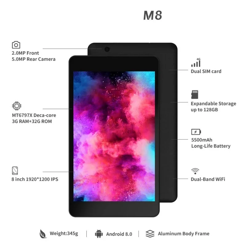The Cheapest M8 4G Phonecall Android 10 Tablet PC 8 Inch AMTK6797 10-Core 3GB Ram 32GB Rom 1920 x 1200 IPS Dual Camera 4000mAh