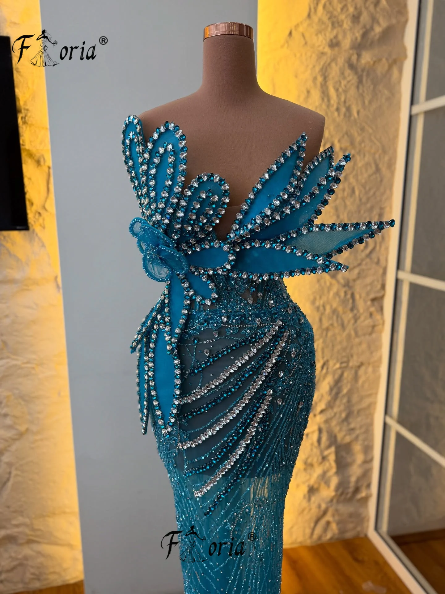 Prachtige Dubai vrouw avondjurk 3D applicaties kristallen zeemeermin formele feestjurken vloerlengte aangepaste vestidos de fiesta