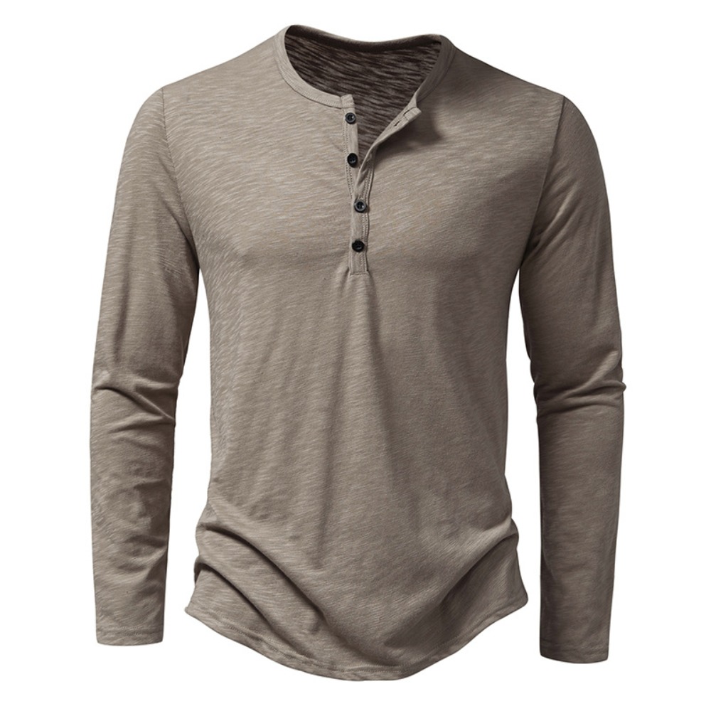 Herren-Hemd aus Baumwolle mit Henley-Ausschnitt, langärmelig, lässig, mit Knöpfen, einfarbig, modische T-Shirts