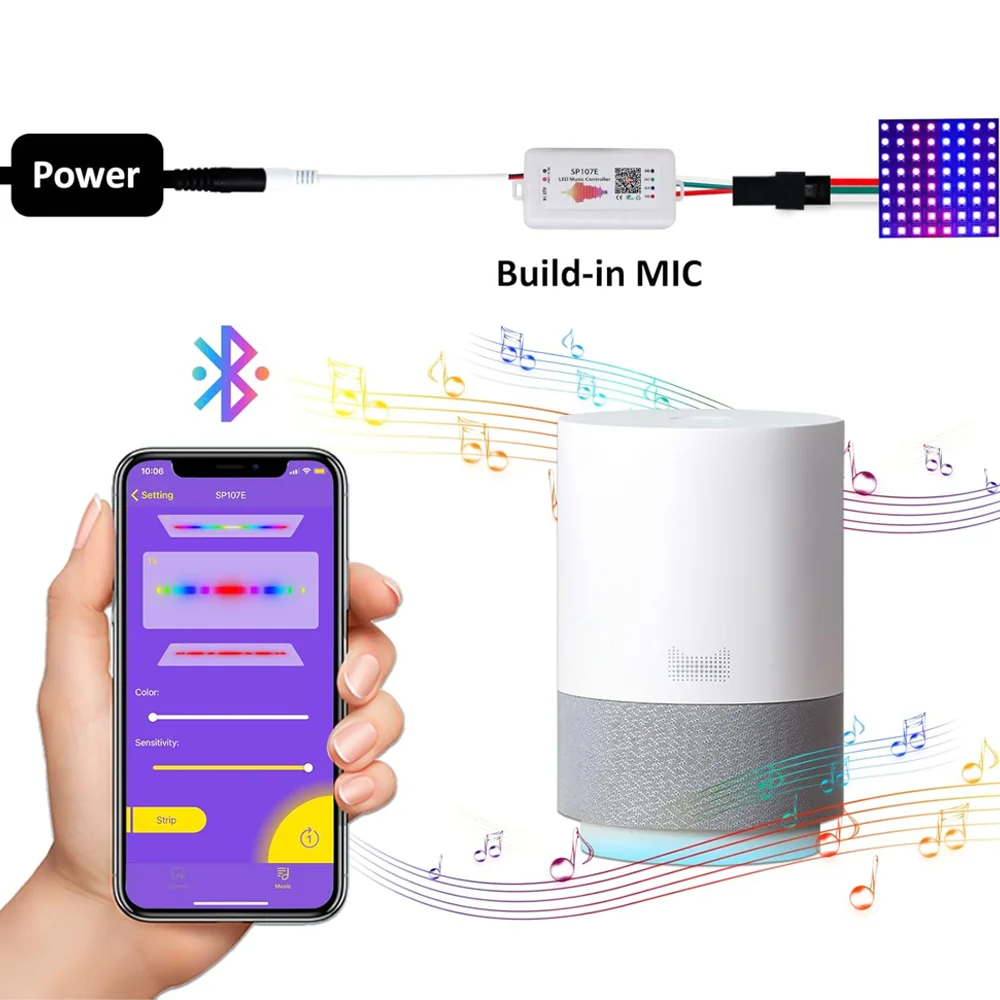 SP107E DC5-24V LED Music Controller With Wireless Bluetooth-compatible SPI Full Color Music Control By Phone APP For WS2812B