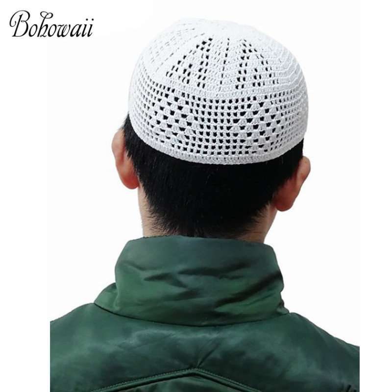 BOHOWAII Homem Muçulmano Boné Feito à Mão Algodão Crochê Chapéu de Oração Arábia Saudita Confortável Kippa Chapeau Homme Musulman