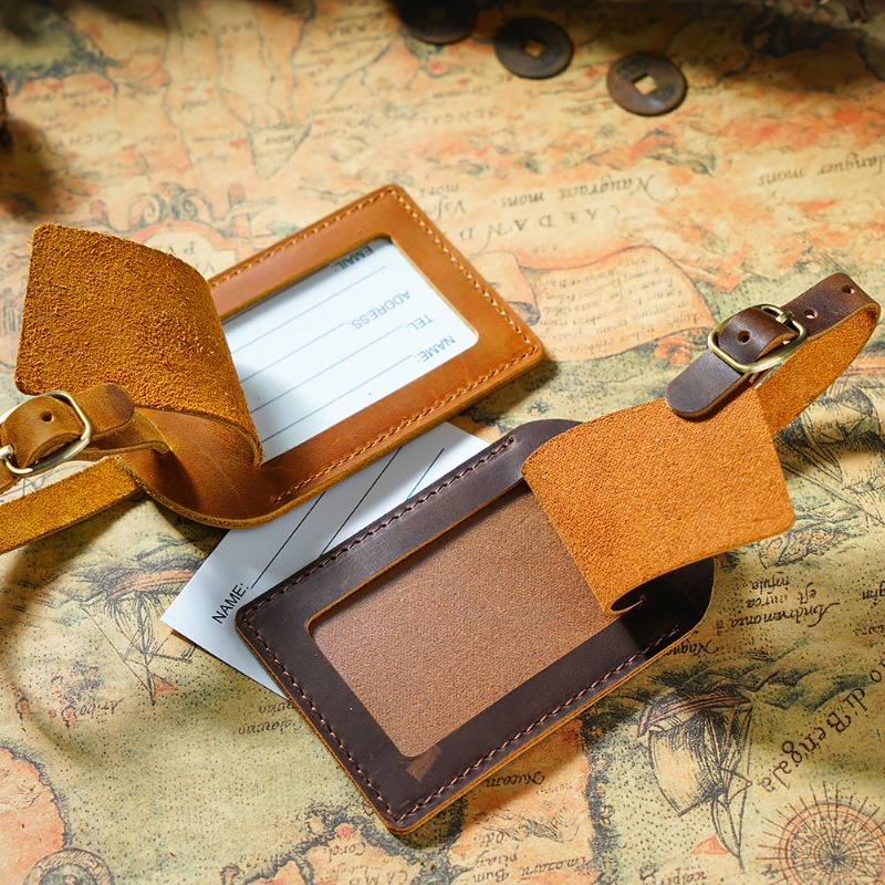 Etiqueta de equipaje de piel de vaca para maleta, etiquetas de bolsa de identificación de viaje para mochilas, bolso de equipaje, etiqueta de instrumento escolar, artículos esenciales de viaje
