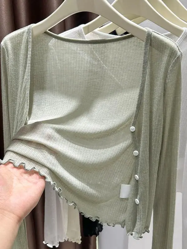 Cardigan F Plus Size de Seda Gelada Fina com Proteção Solar, Manga Curta, Estilo Outwear com Borda Efeito Madeira para...