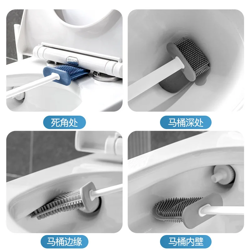 Cepillo de limpieza de inodoro de silicona, cabezal plano, Flexible, montado en la pared, limpiador de inodoro, juego de soporte para WC y baño