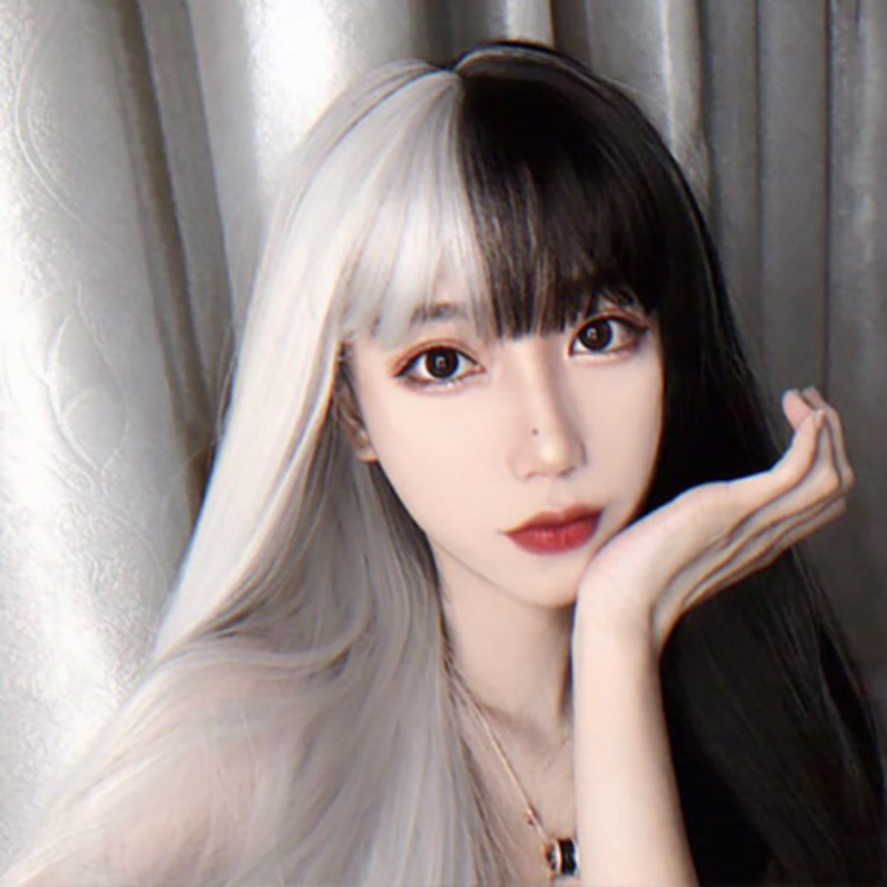 Synthetic Hair Long Straight Wig Black And White for Women with Bangs Heat Resistant Cosplay Wigs