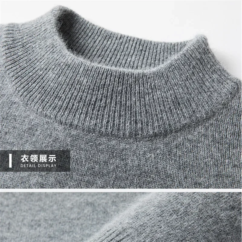 Men's Mock Neck 100% Pure Woolen Sweaters Autumn Winter Warm Cashmere Sweater Solid Knitted Pullovers for Men Slim Knitwear Tops