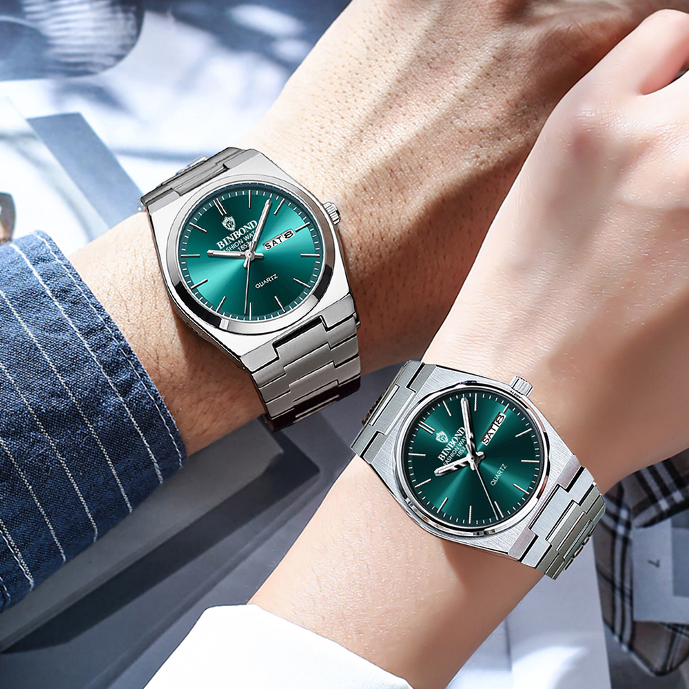 BINBOND Mode Paar Horloges Eenvoudige Trend Origineel Quartz Horloge voor Minnaar Wateproof Lichtgevende Datum Week Polshorloge Valentijn