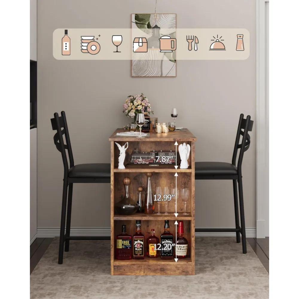 Dining Table Set for 2, 16" Wide Cushions for Comfortable Seating, Bar Table and Chairs with Flip Top Extension, Suitable