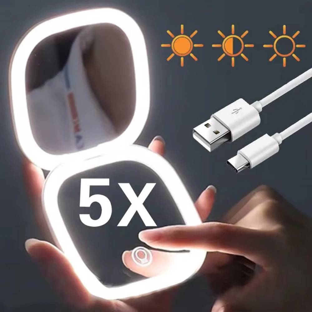 2 Face Sides Touch Compact Led 3 Farben Mini faltbarer Kosmetikladungs-Make-up-Spiegel mit Licht 5-fache Vergrößerung Compact Handheld