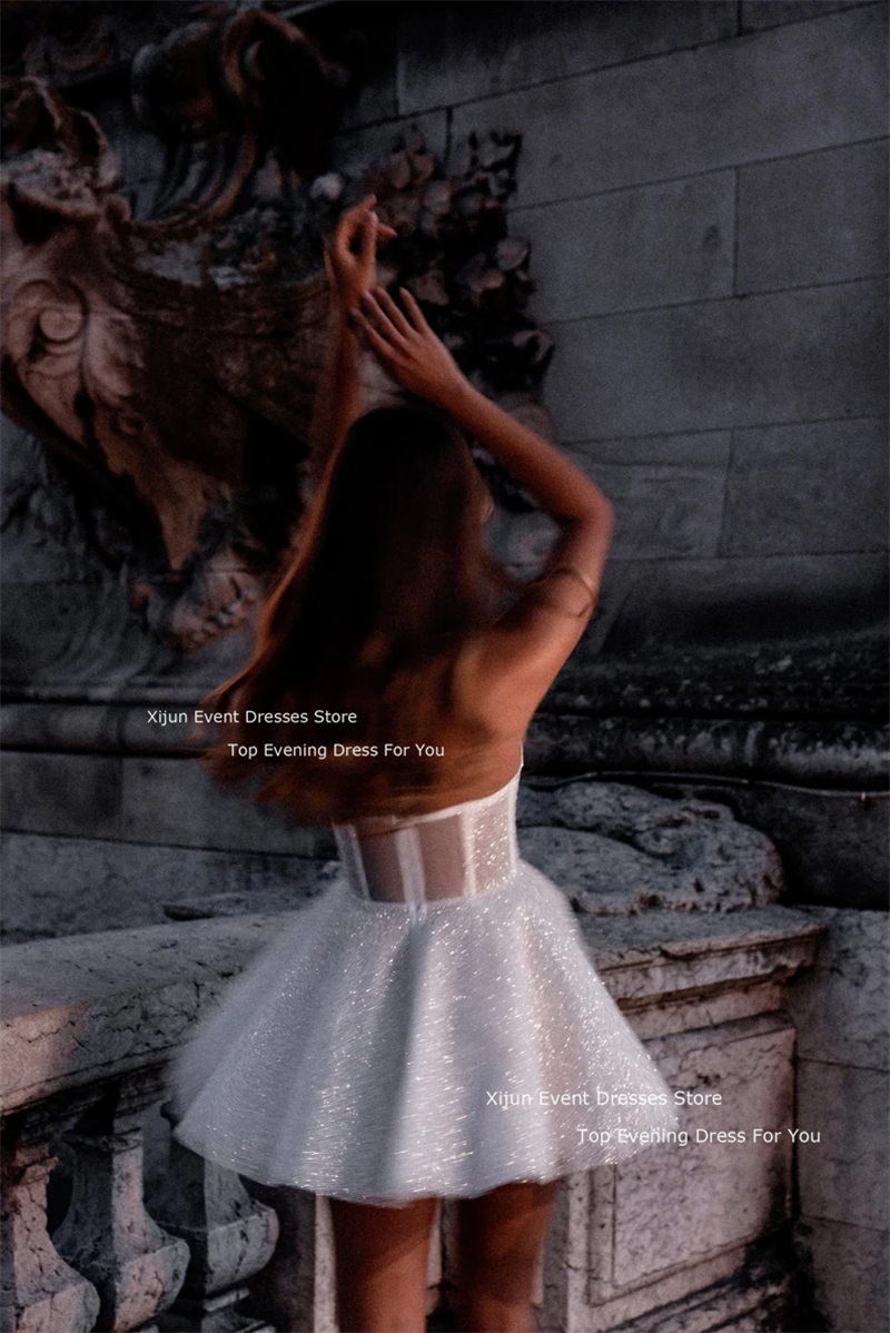Xijun 반짝이 웨딩 드레스, 연인 민소매 무도회 드레스, 얇은 명주 그물 짧은 신부 가운, 신부 가운, 드 노비아