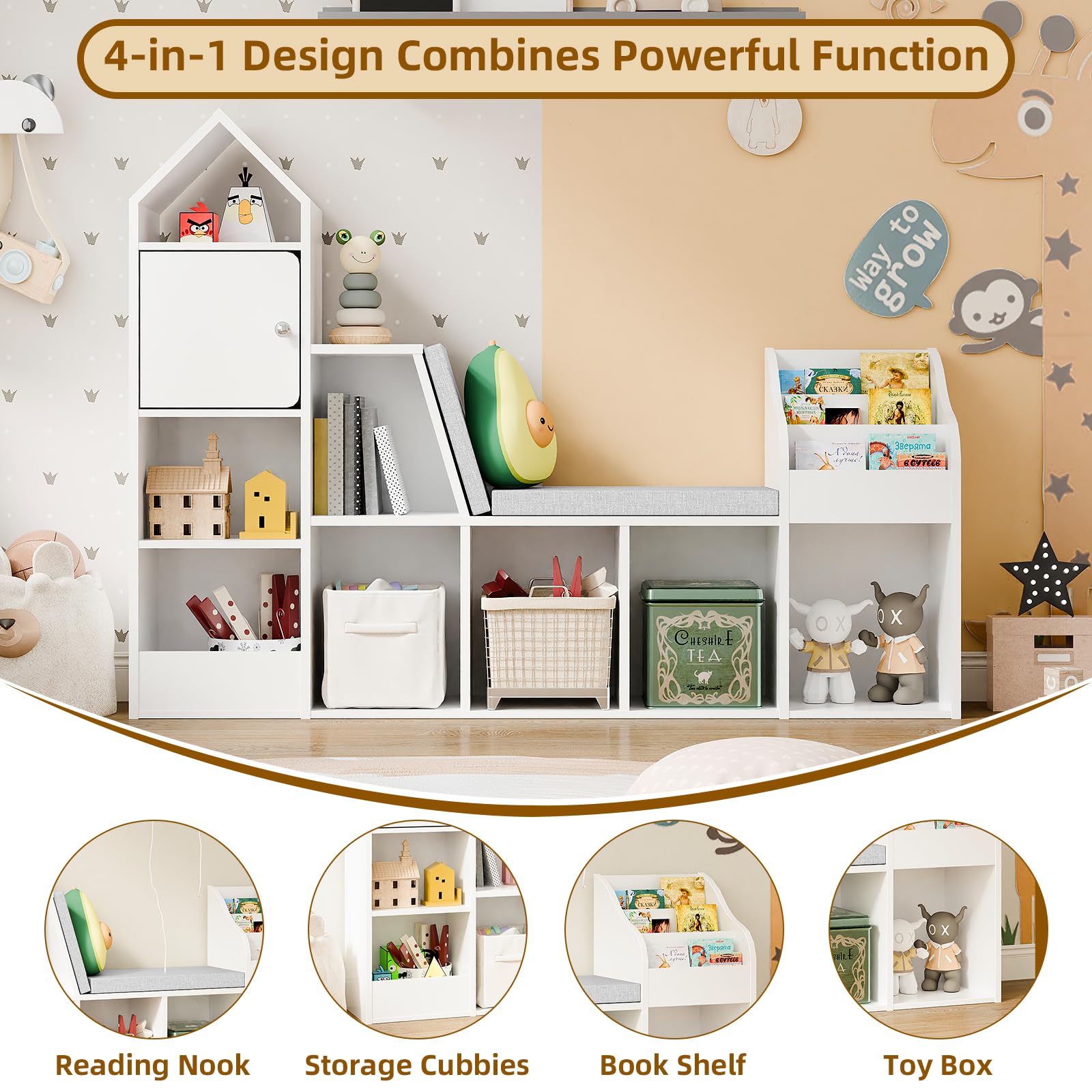 Vabches kids Bookcase with Seat Cushion Children's Bookshelf with 7 Open Storage Cubbies&3-Tier Book Organizer Toy Storage Chest