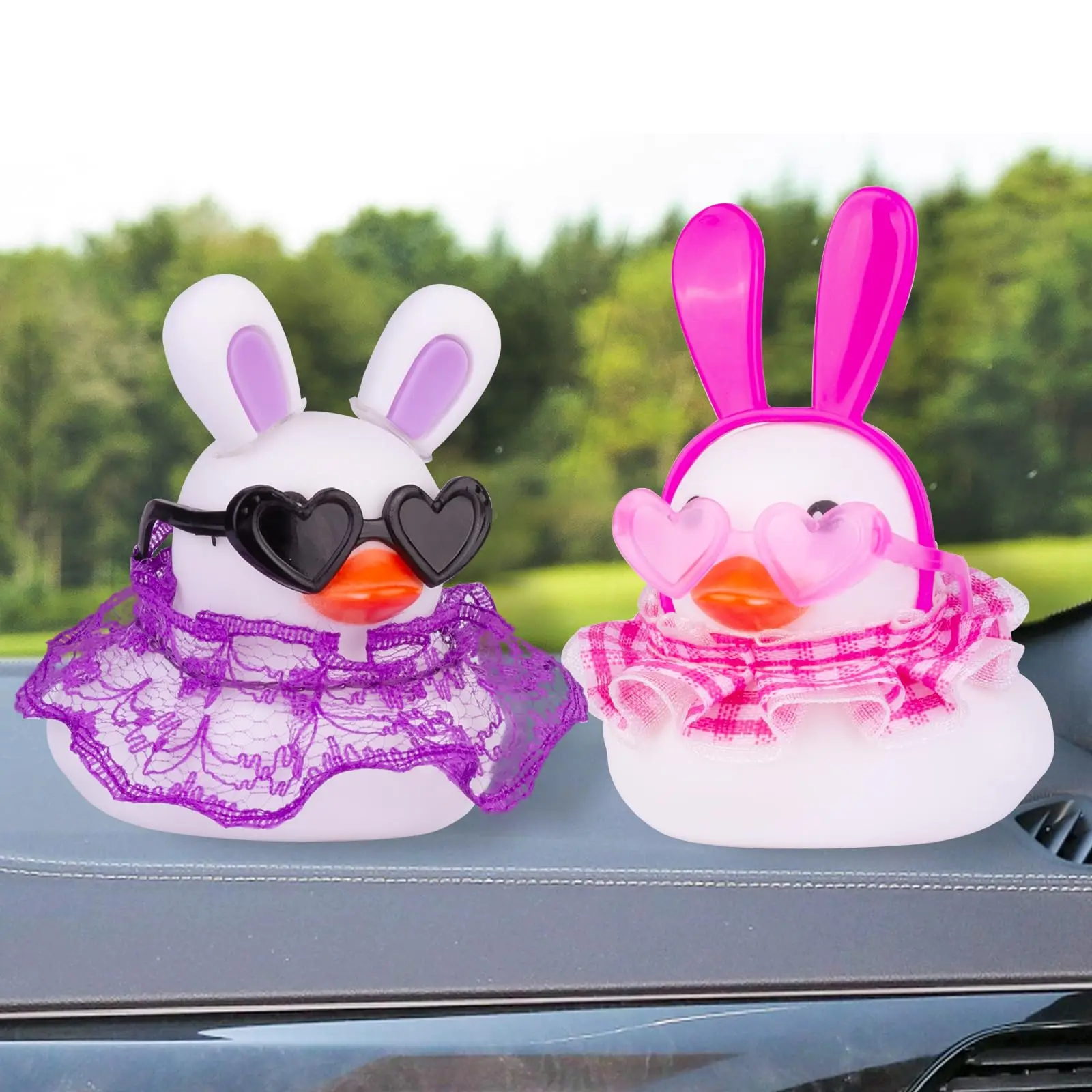 Car Dashboard Rubber Duck Ornamento, Decoração com Mini Hat, Óculos De Sol E Saia, 1 Conjunto