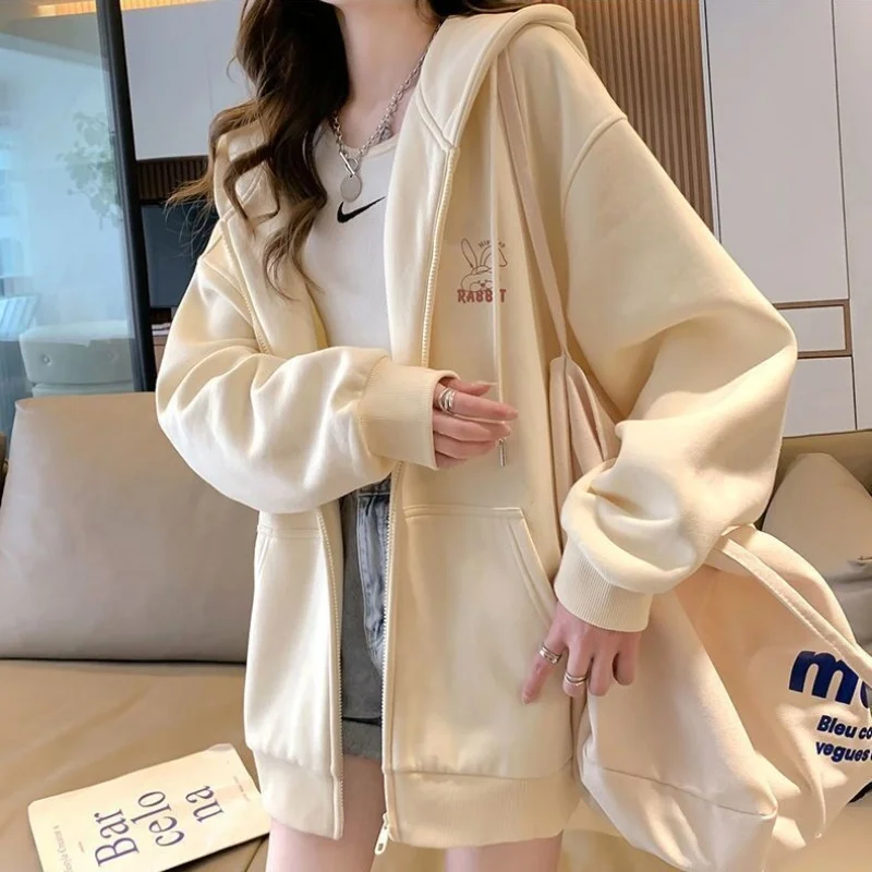 Vrouwen Borduurwerk Print Sportieve Chique Hoodies Casual Rits Lange Mouw Losse Jas Harajuku Capuchon Sweatshirts Streetwear