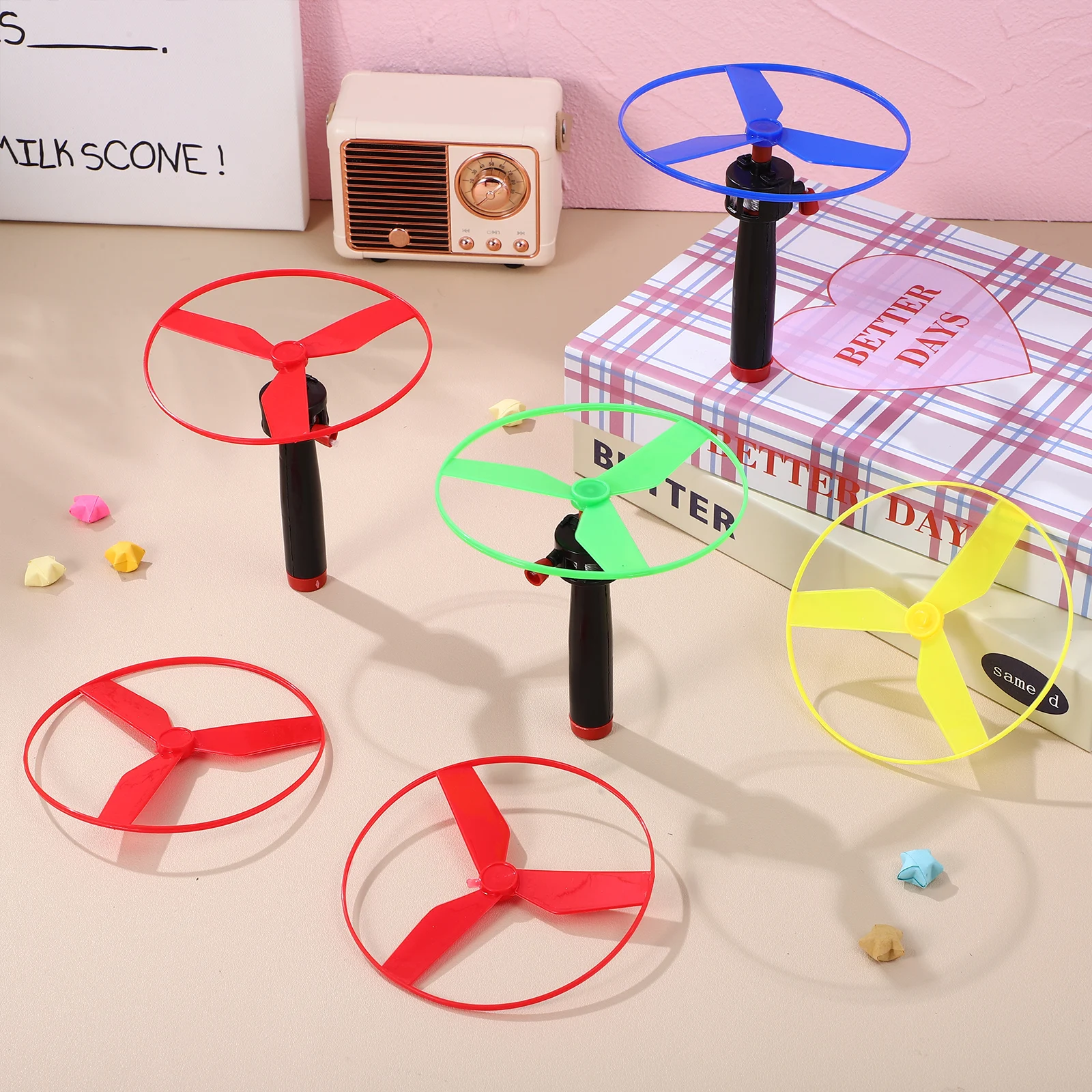 Flying Disc Toy Helicopter Playset Include 1 String Launcher and 2 Flying Saucer Outdoor Flying Disc Launcher Toy Random Colors