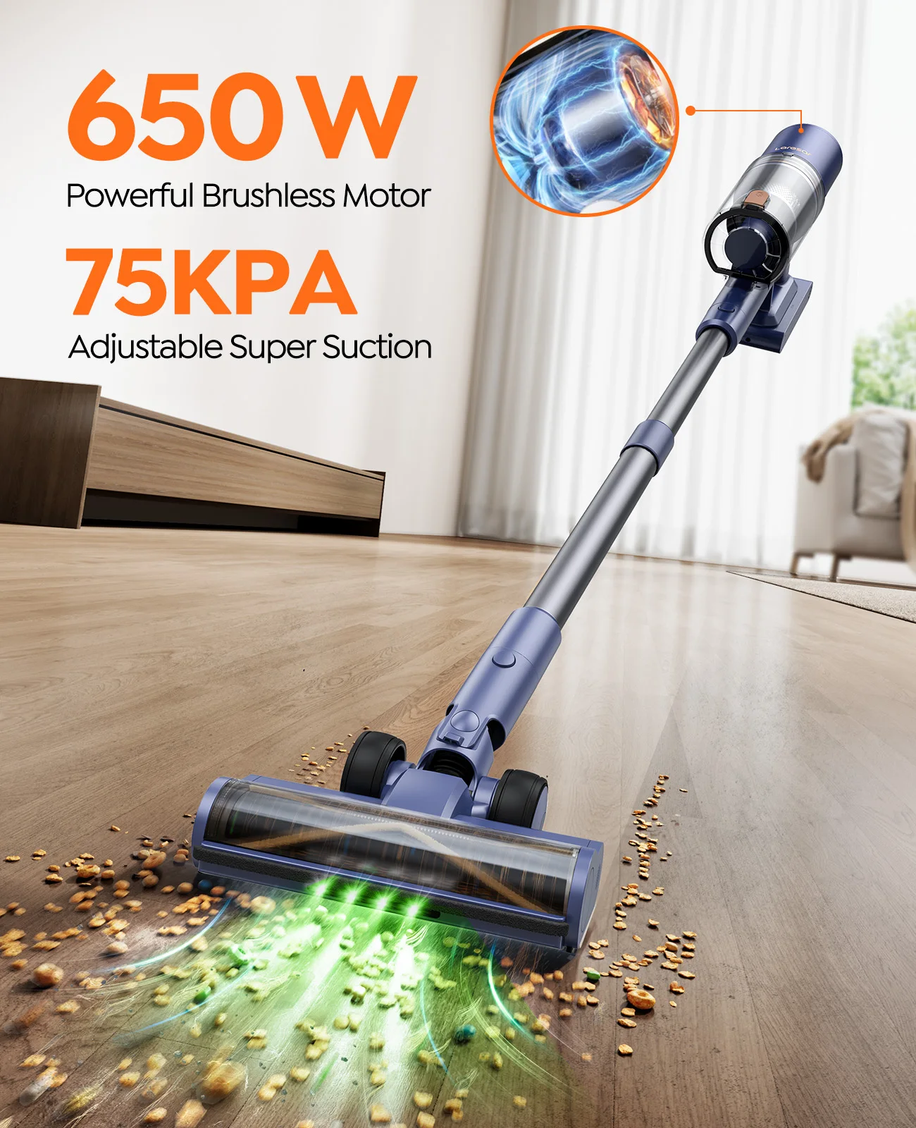 Aspirapolvere senza fili ultra resistente Laresar V11 650W 75000PA, lunga durata di 90 minuti, batteria rimovibile e aspirapolvere con display intelligente