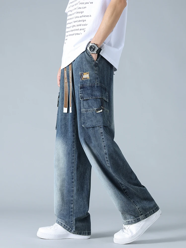 Pantalones vaqueros rectos de verano para hombre, pantalones Cargo vaqueros de pierna ancha con múltiples bolsillos, pantalones vaqueros holgados ligeros de talla grande 8XL 7XL 6XL