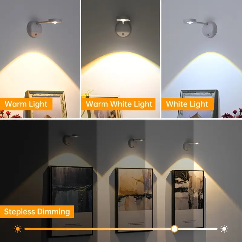Luz de pared inalámbrica con detección humana inteligente, recargable por USB, 3 colores, foco Led regulable para iluminación de pinturas y imágenes