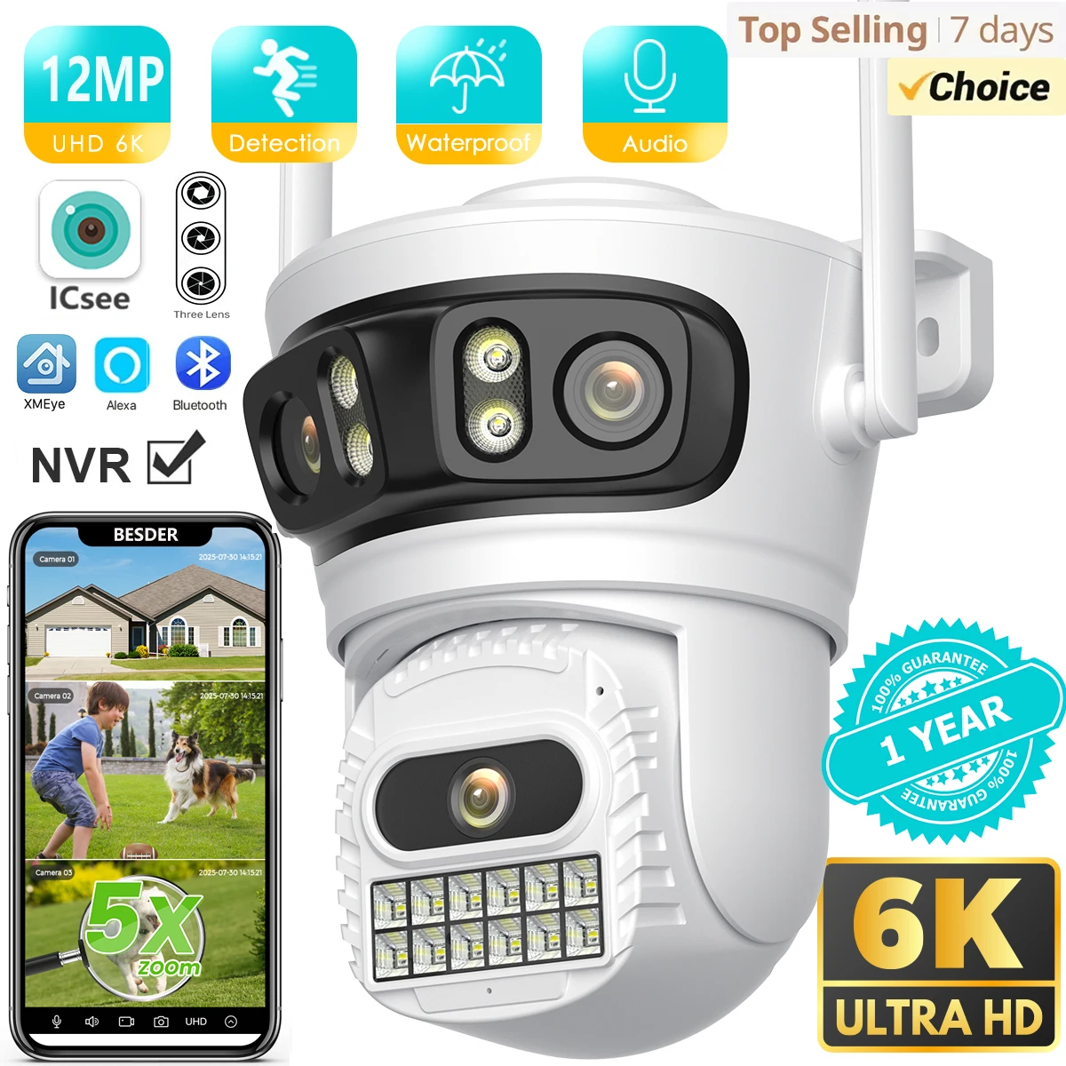 BESDER 6K 12MP HD tres pantallas WIFI IP cámara al aire libre tres lentes Ai detección humana impermeable CCTV Video cámara de seguridad iCsee