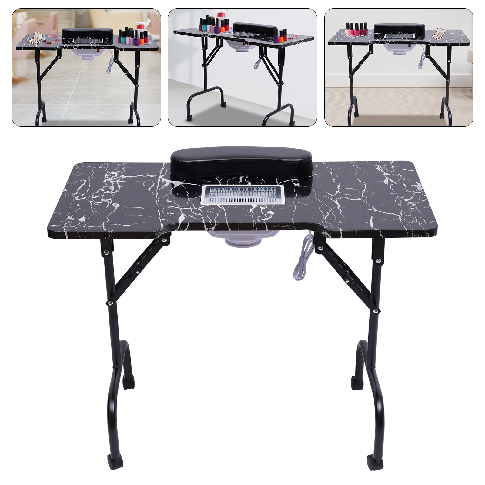 Portable Nail Table Folding Manicures Desk Movable Table Independence for Both Salon and Home w/ Dust Collector Fan