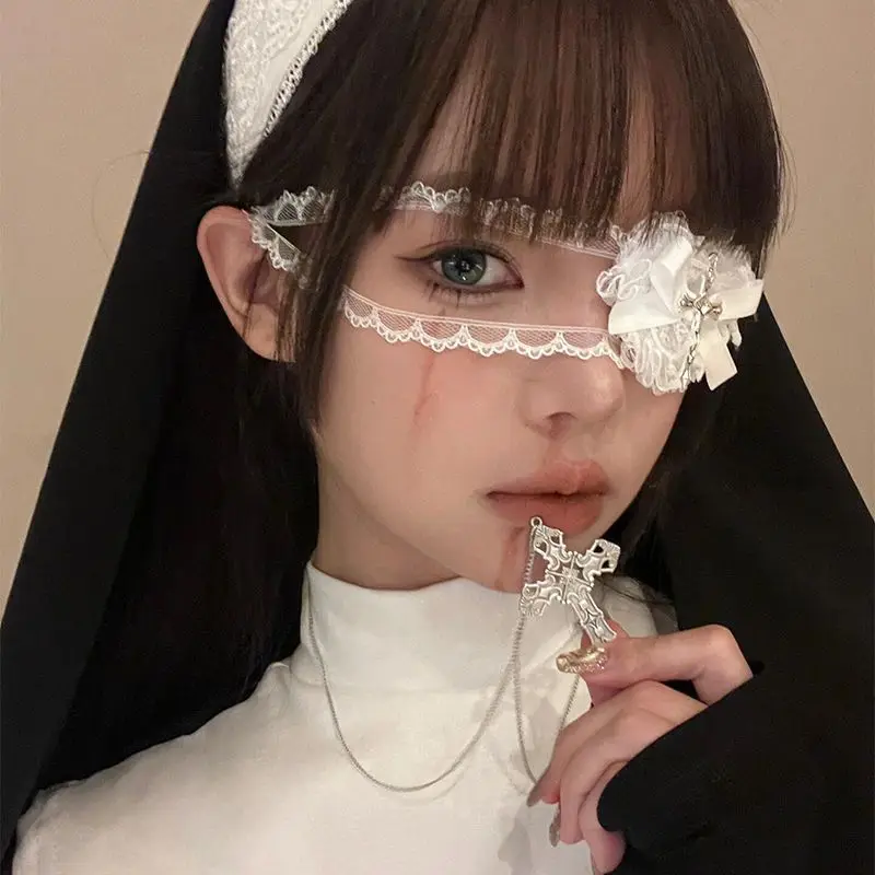 Nun Halloween Punk Eye Mask Breathable White Lace Bow Heart Full Face Mask Cross Cosplay Props