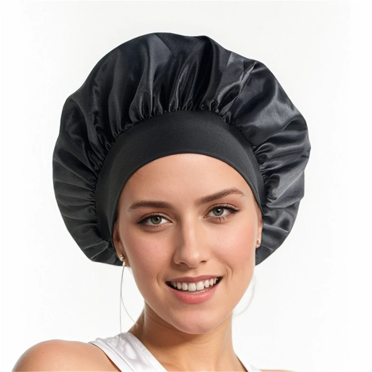 Cappello per capelli asciutti da donna con fascia alta elastica a tesa larga, cappello per la cura dei capelli di bellezza, berretto da notte in raso