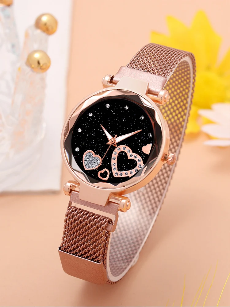 5 uds moda mujer cielo estrellado amor malla de hierro absorbente con reloj de cuarzo + conjunto combinado de pulsera
