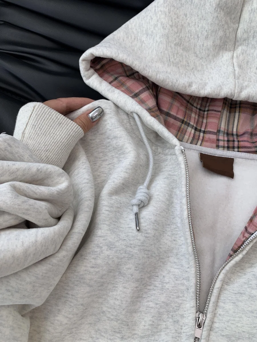 Sudadera con capucha a cuadros Retro para mujer, cárdigan con cremallera, Tops versátiles, ropa de abrigo informal holgada, otoño