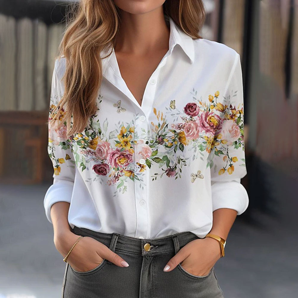 2024 novo elegante feminino floral impresso camisas de manga longa primavera lapela básica botão para baixo camisas respirável verão topo plus size