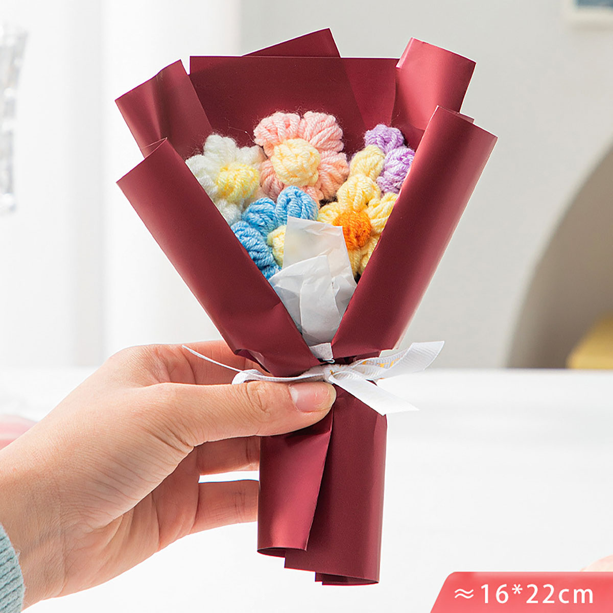 Creatief mini gebreid bloemboeket, wollen bloemboeket, bloemendecoratie