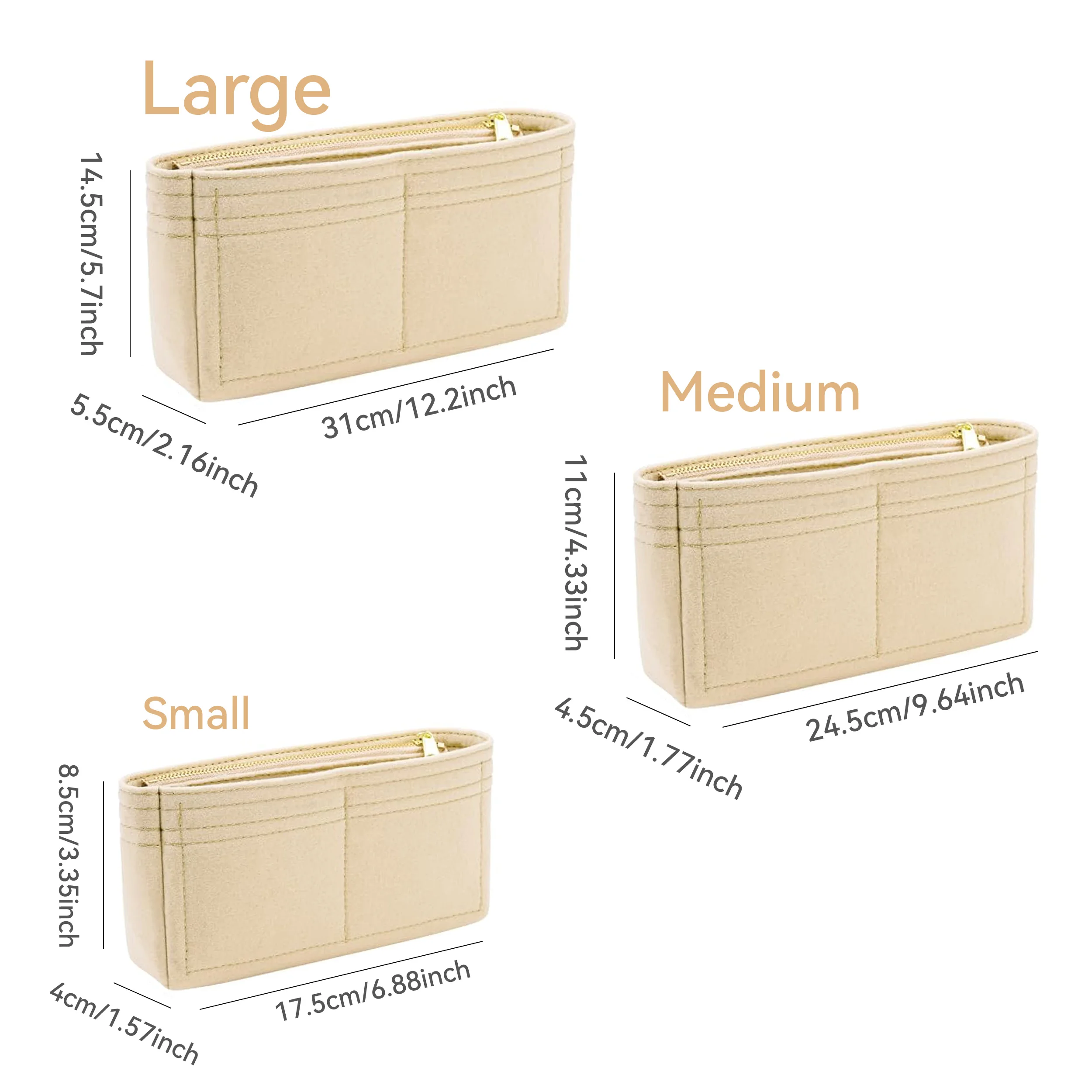 Felt Purse Organizer Insert with Zipper – กระเป๋าซับในสําหรับกระเป๋าสะพาย, กระเป๋าถือและ Totes, กระเป๋าเก็บผู้หญิง, 3 ขนาด
