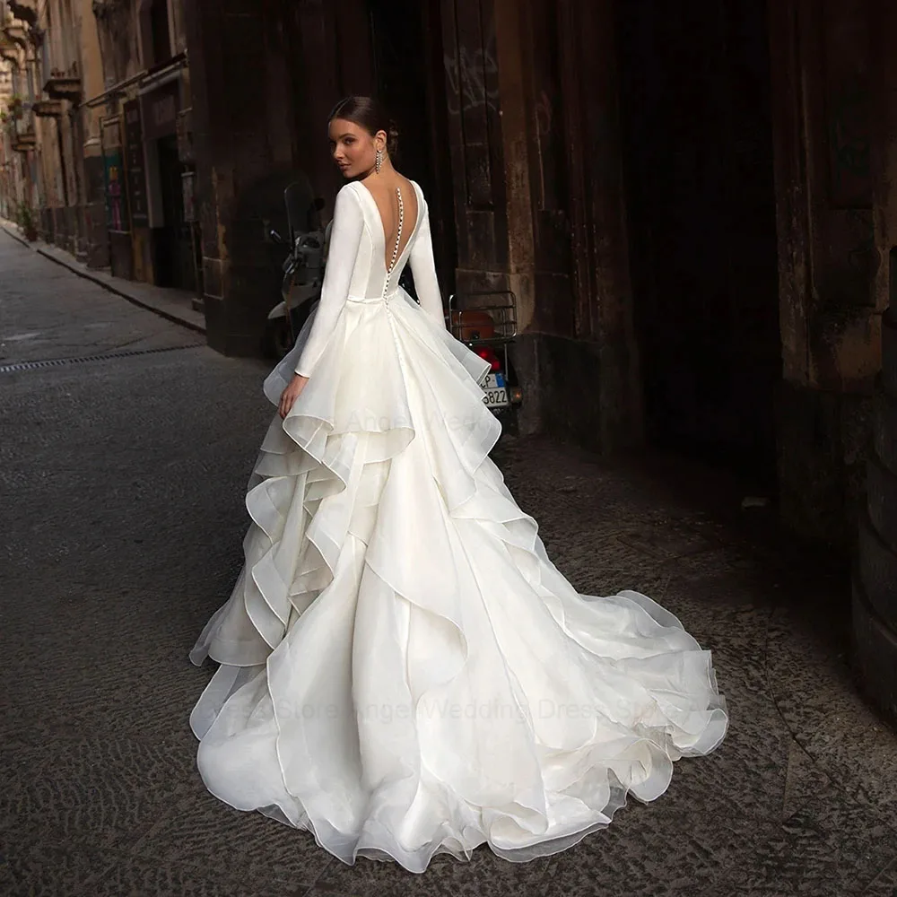 ANGEL Abito da sposa moderno in raso bianco con scollo a V a maniche lunghe in raso per donna Personalizzato 2025 Bottone posteriore con illusione vintage