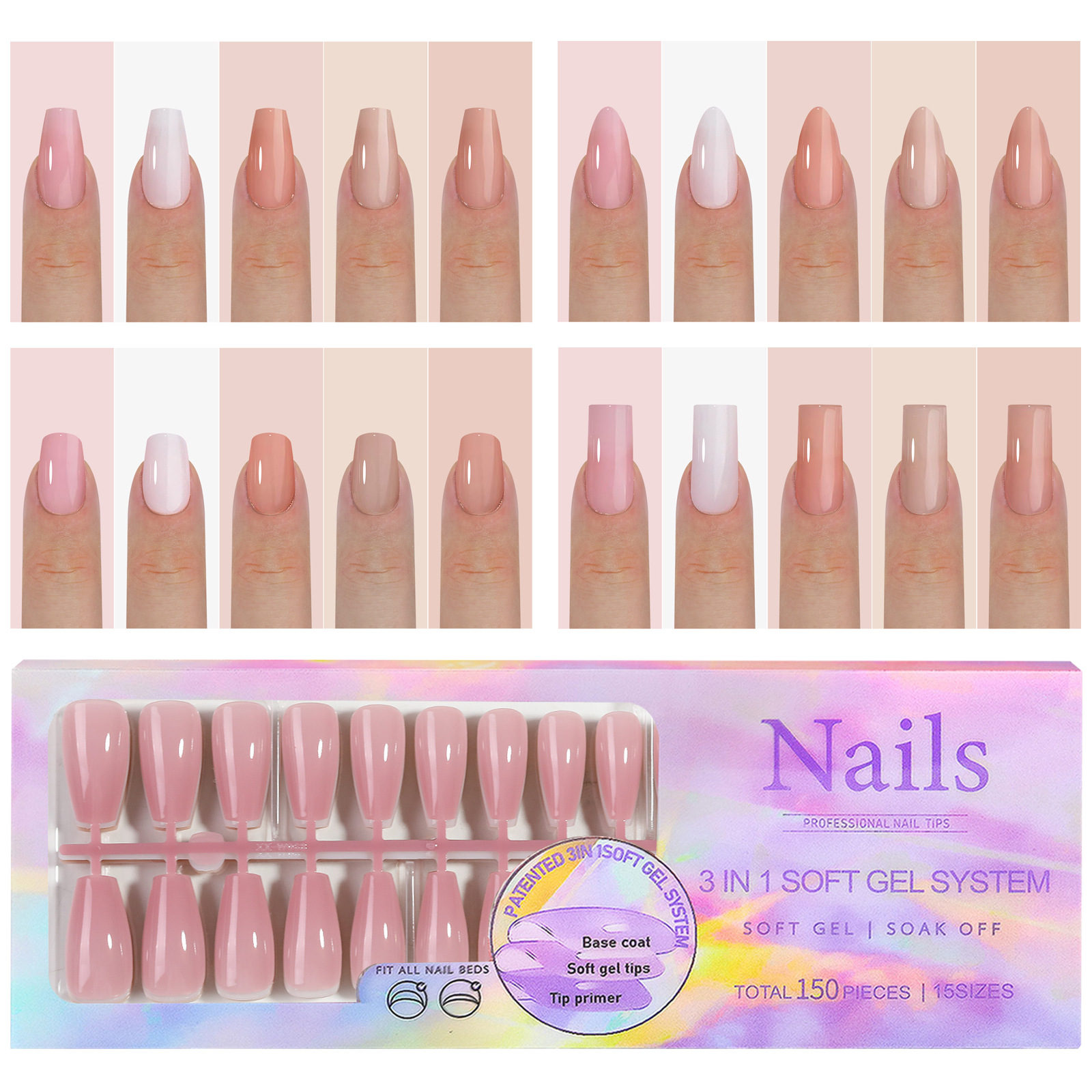 150 ชิ้น Nude สีบัลเล่ต์สวมใส่เล็บปลอมกดบนเล็บอัลมอนด์กล่องไม่มีรอยต่อที่ถอดออกได้เต็มเล็บเคล็ดลับเล็บ