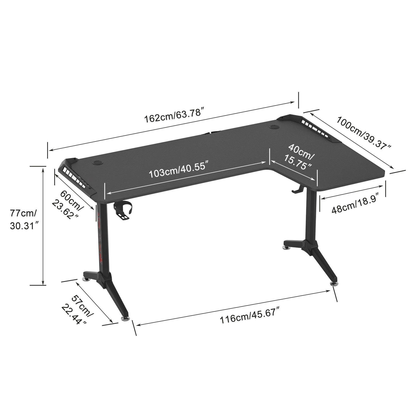 L-förmiger Computer-Gaming-Schreibtisch, RGB-LED-beleuchteter Tisch mit Kopfhörerhaken und Getränkehalter