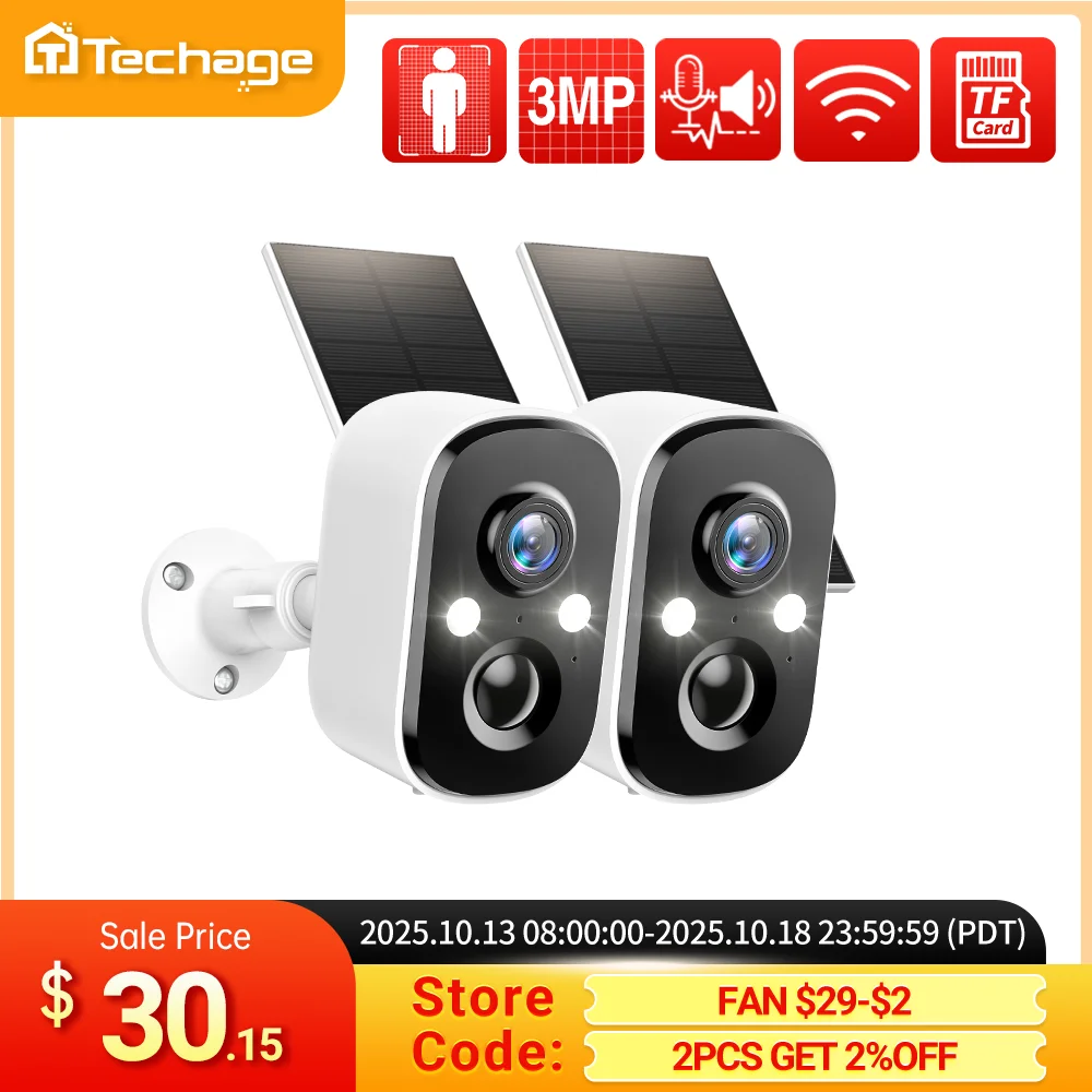 Techage-cámara IP inalámbrica con batería Solar de 3MP, cámara de seguridad para exteriores, WiFi, PIR, Audio bidireccional, detección humana, compatible con Alex