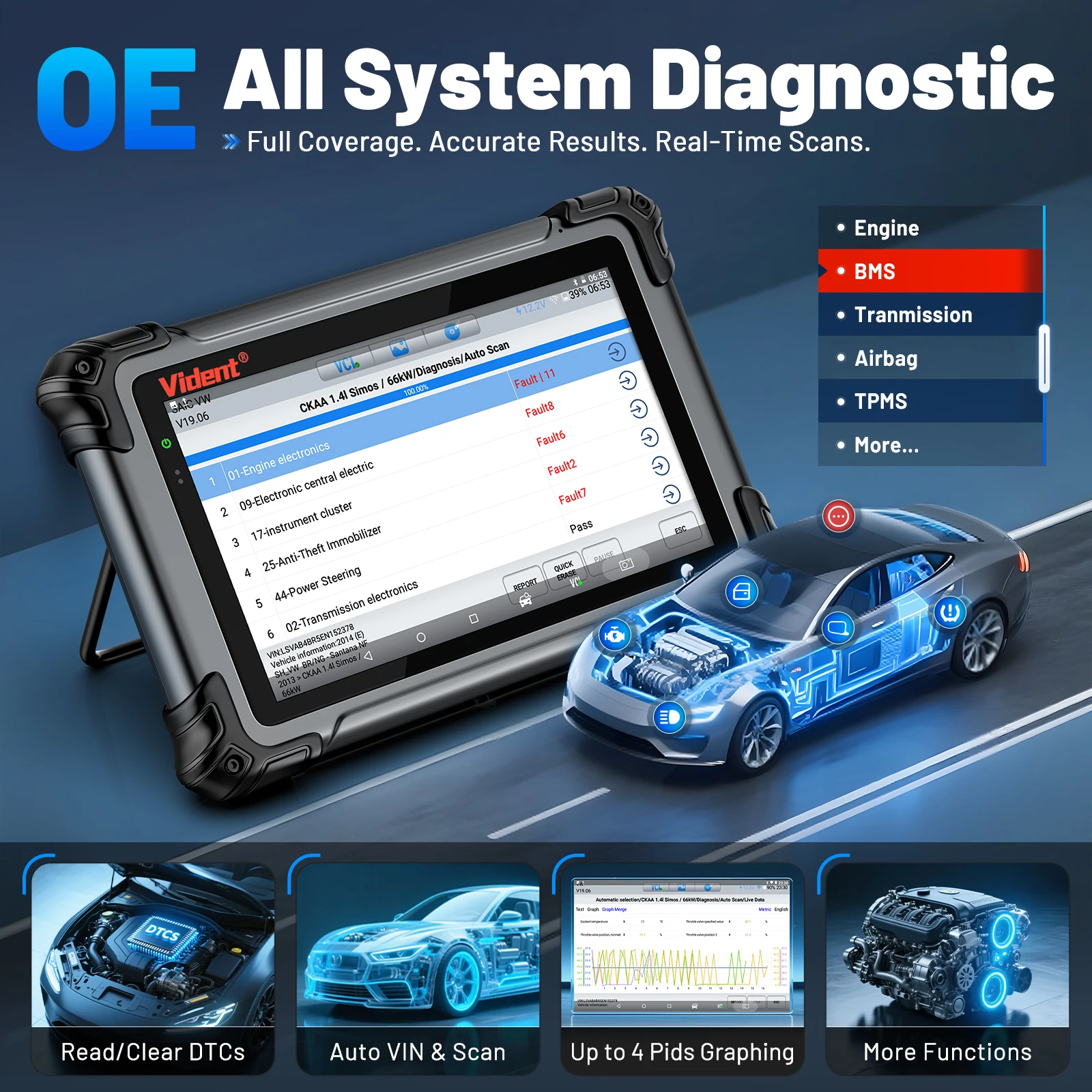 Vident ismart800pro bt scanner de carro todo o diagnóstico do sistema 40 função de reinicialização obdii função completa programação chave fob