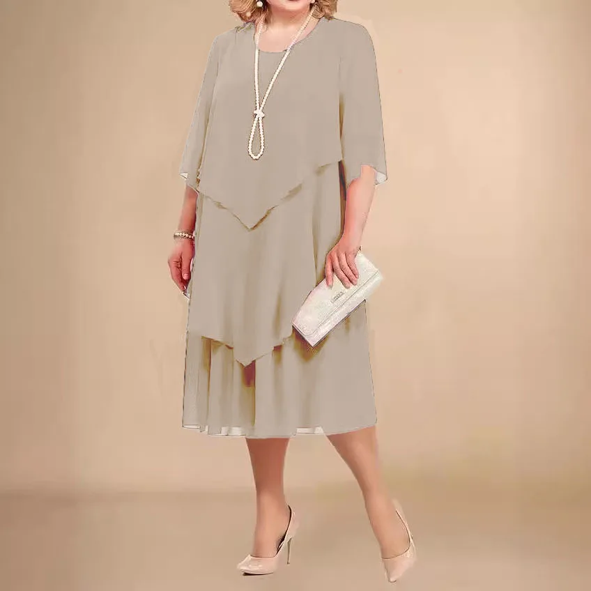 Plus Size Elegantes Chiffonkleid Damen Unregelmäßiger mehrlagiger Saum Fließendes Midikleid Mode Party Hochzeit Gast Sommer O-Ausschnitt Kleider