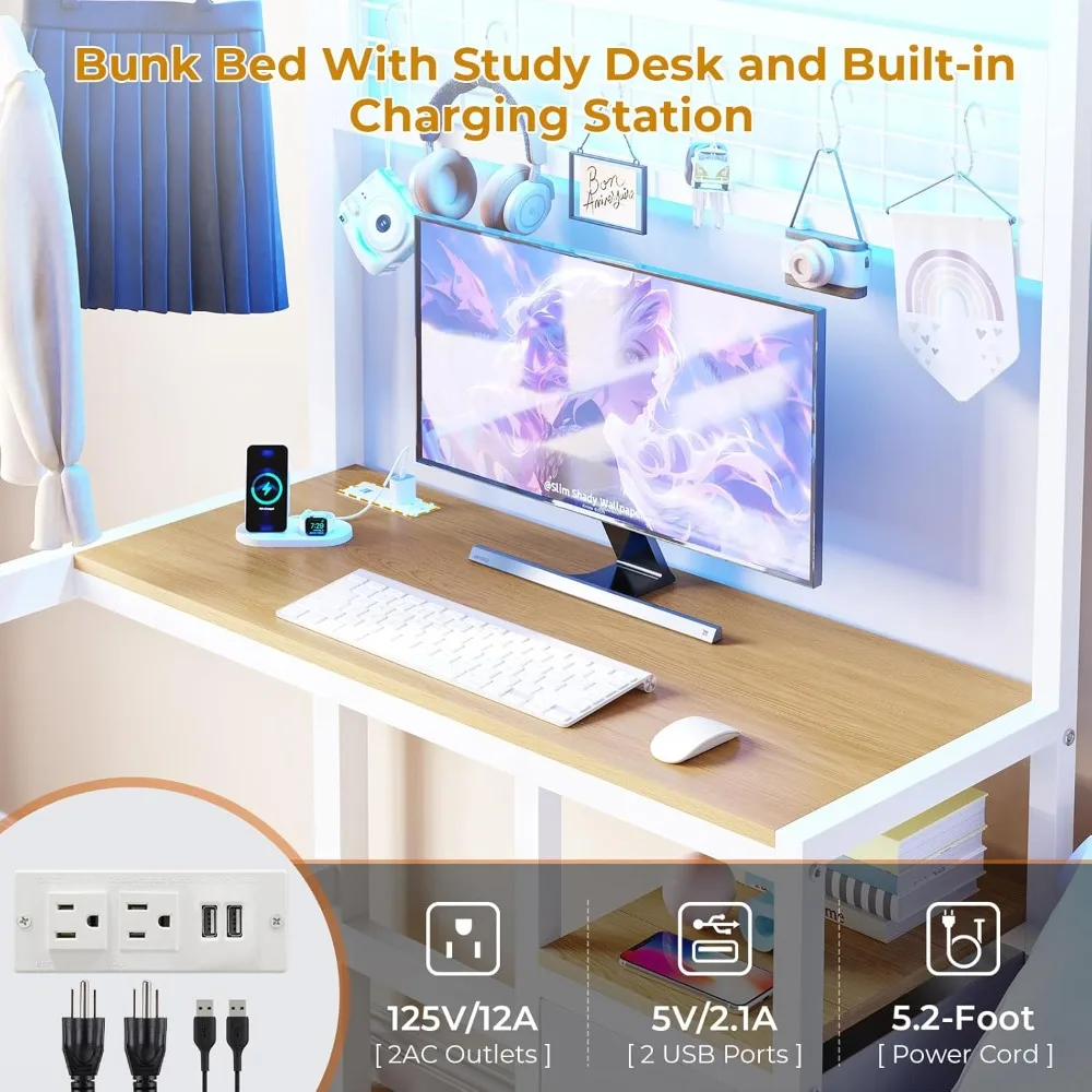 Twin Size Bunk Bed with Desk and Charging Station Metal Loft Bed with Led Lights & Storage Shelves and Drawers L-Shaped