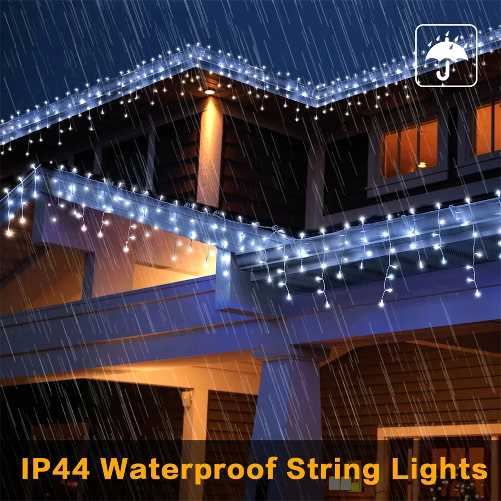 ตกแต่งคริสต์มาสสําหรับกลางแจ้ง LED Curtain Icicle String Light Street Garland บนบ้านฤดูหนาว 4-80M รอมฎอนตกแต่ง