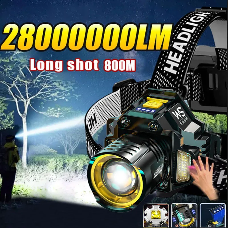 Potente linterna frontal LED recargable con faro telescópico con zoom, luz frontal de trabajo impermeable para exteriores de alto lúmenes