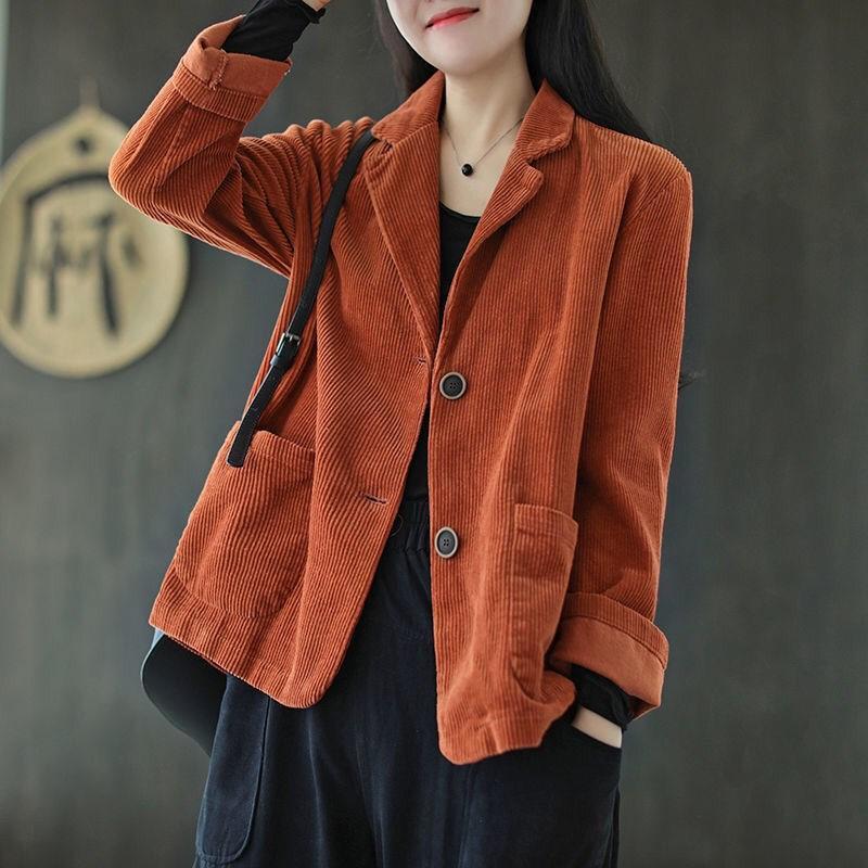 Wiosna Jesień Kobiety Vintage Sztruks Casual Streetwear Kieszenie Karbowane Marynarki Kobiece Proste Solidne Luźne Marynarki z Długim Rękawem
