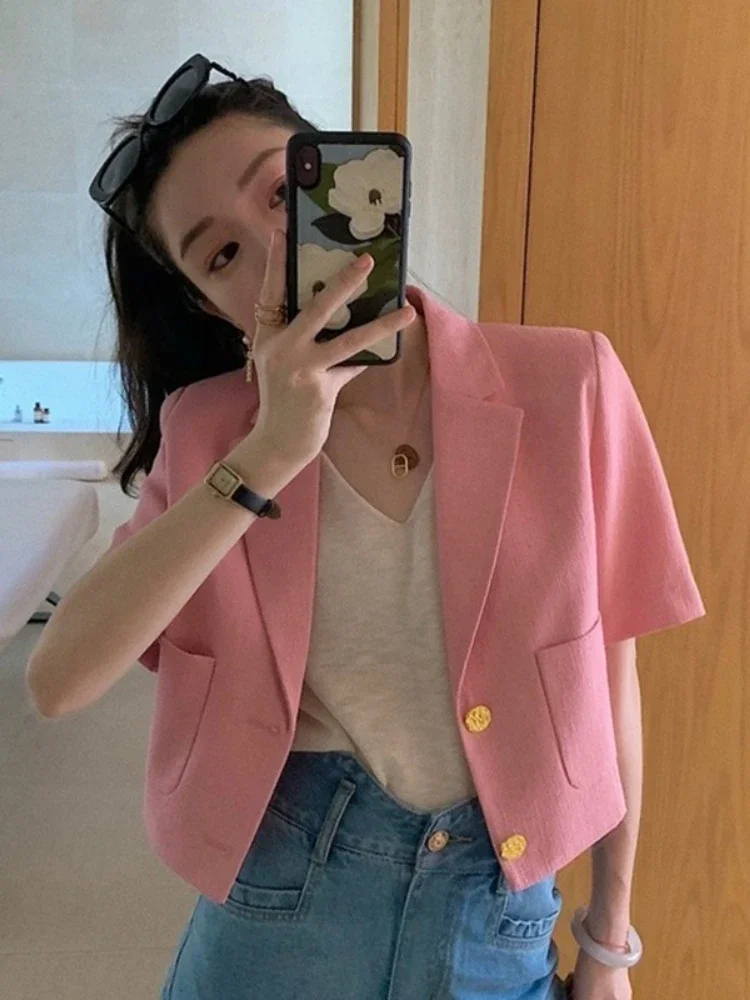 Koreańska moda Marynarka do pracy biurowej dla kobiet Elegancja Proste garnitury Marynarki w jednolitym kolorze Letnie szorty z rękawami Marynarki damskie