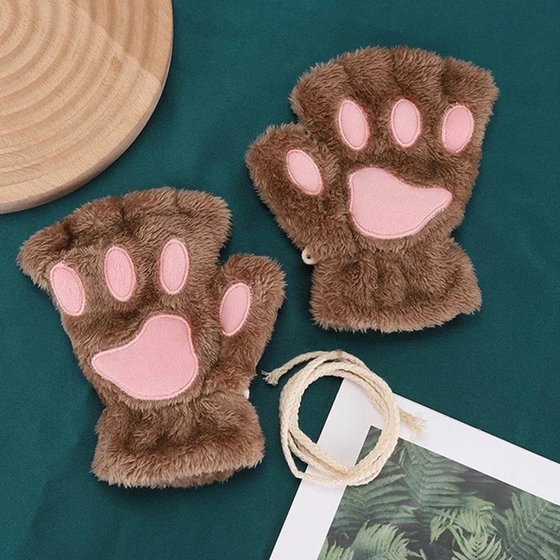 Rimiut-luvas de garra de gato de desenho animado para mulheres, meninas, espessadas, peluches, estilo adorável, pata de urso, dedos expostos, meio dedo, inverno