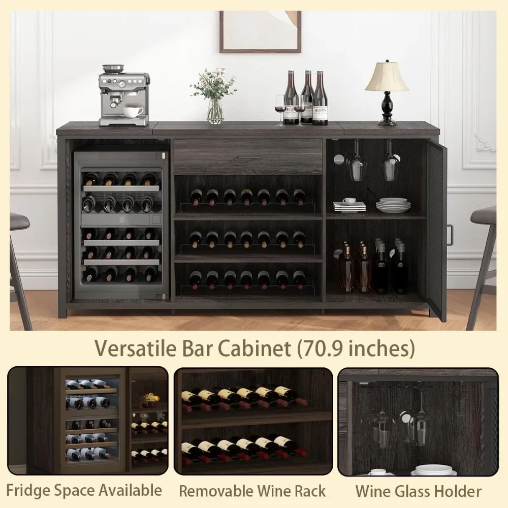 Bar Cabinet with Fridge Space, Farmhouse Big Liquor Cabinets with Drawer Storage, Rustic Wood Metal Large Wine Cabinet