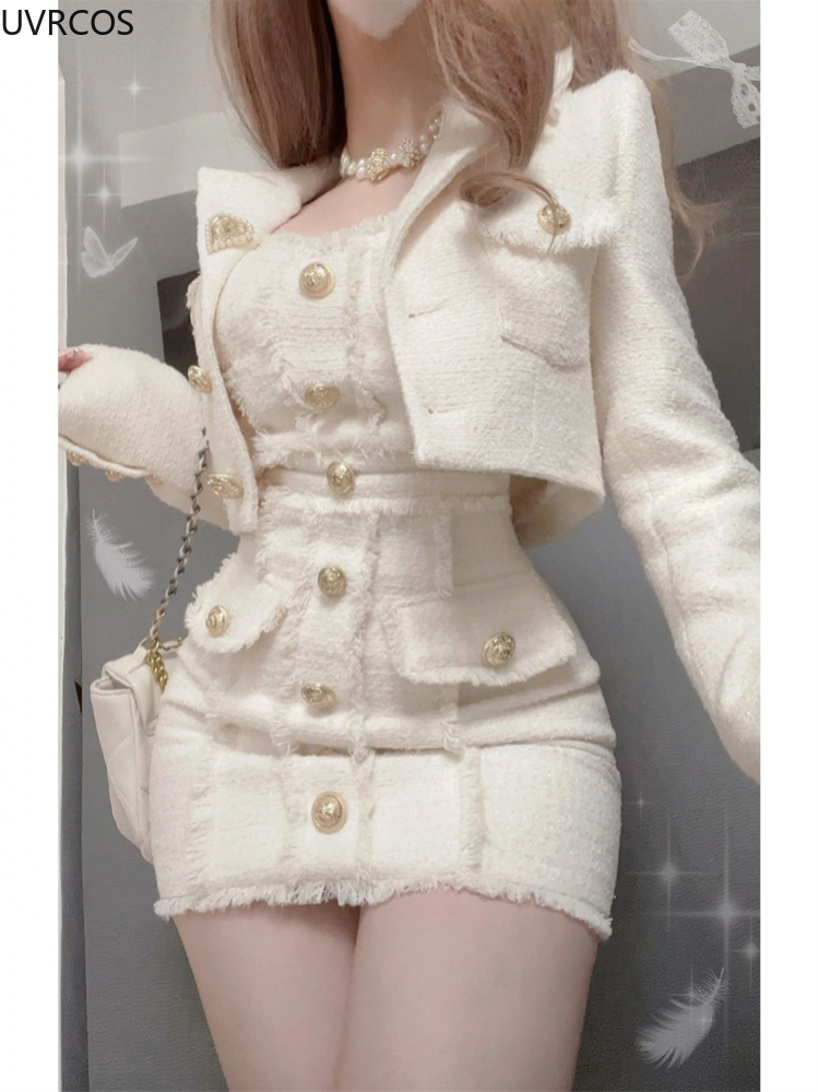 Conjunto de dos piezas Vintage elegante de estilo coreano para mujer, chaquetas cortas de lana dulce, minivestido con diseño de borla, traje, moda femenina