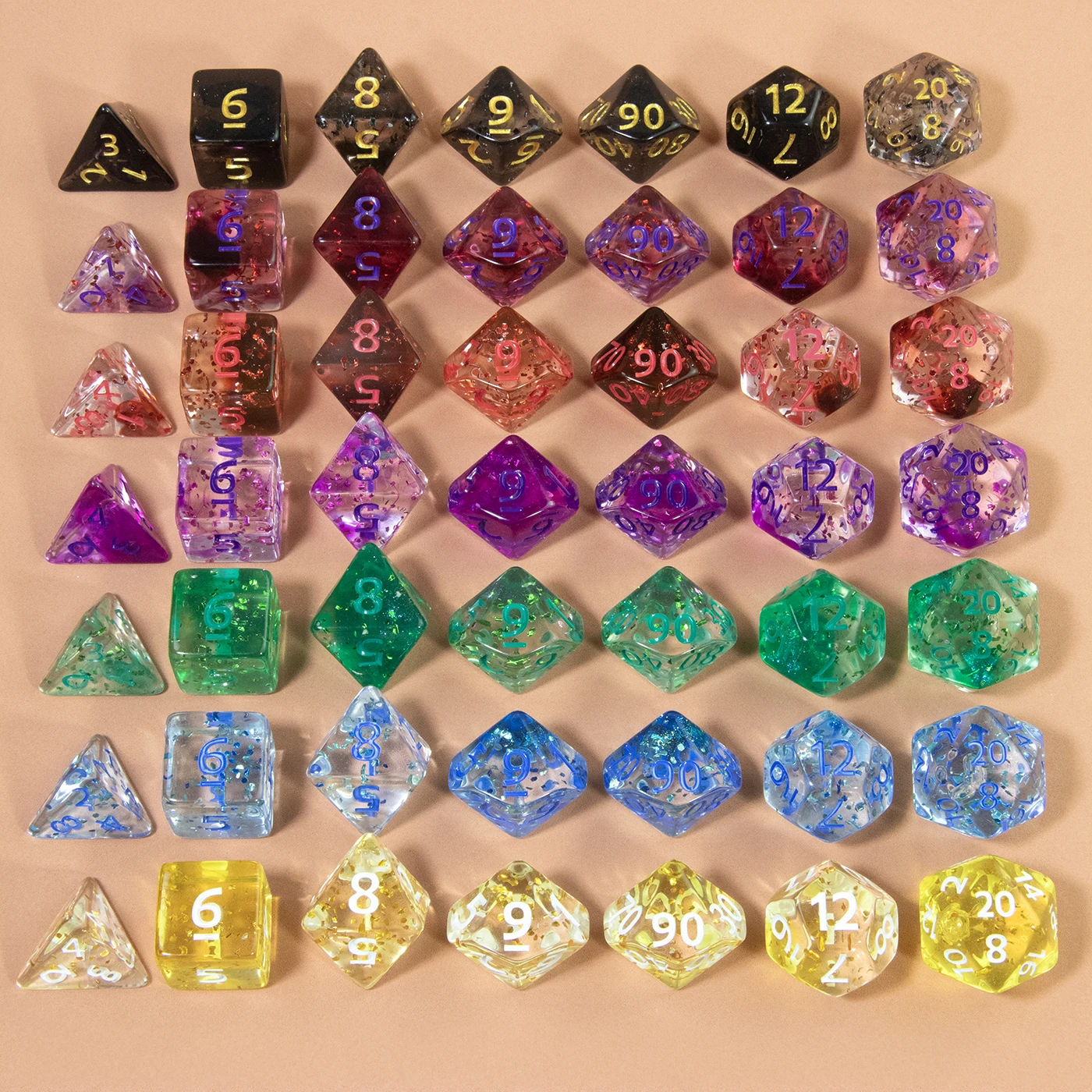 ชุดลูกเต๋า Polyhedral โปร่งใส D & D Dices พร้อม Glitter Effect สําหรับเกมกระดานบทบาทเล่นเกม D4 D6 D8 D10 D00 D12 D20 ลูกเต๋า