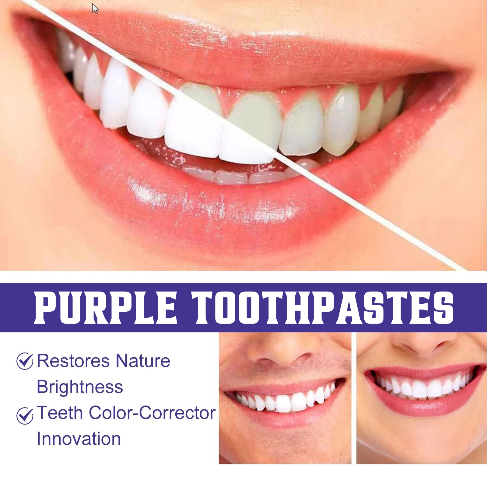 Pasta de dientes blanqueadora púrpura para esmalte Oral, cuidado limpio, elimina las manchas de placa, el sarro, reduce la cavidad, dientes amarillentos, aliento fresco