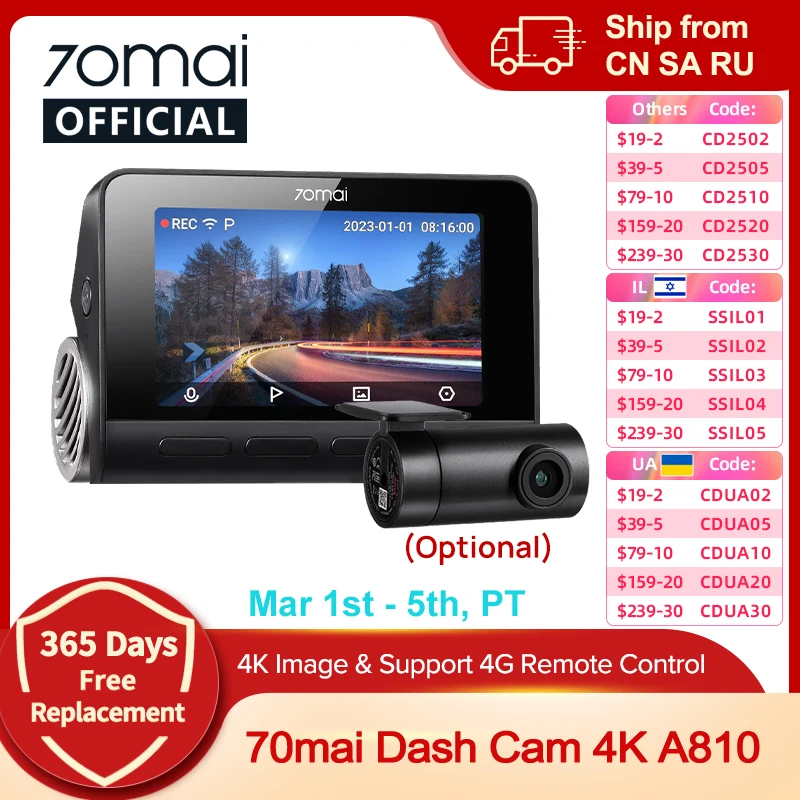 Cámara de salpicadero Global 70mai A810 Ultra HD 4K GPS integrado ADAS grabación automática 150FOV detección de movimiento 70mai A810 cámara trasera de soporte DVR para coche